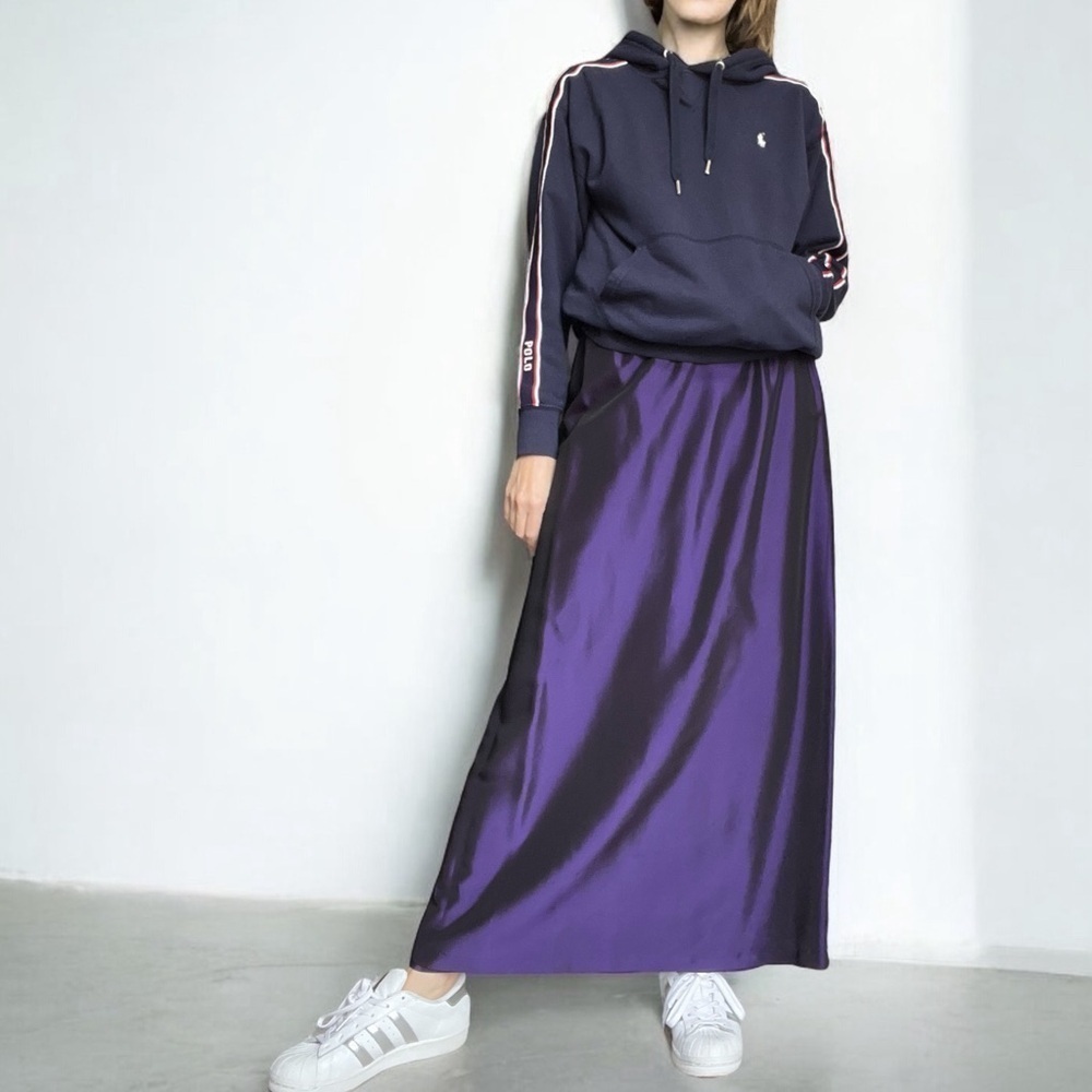 Vintage 80s Ann Taylor Purple Satin Maxi Skirt | A-Line Formal Evening Skirt